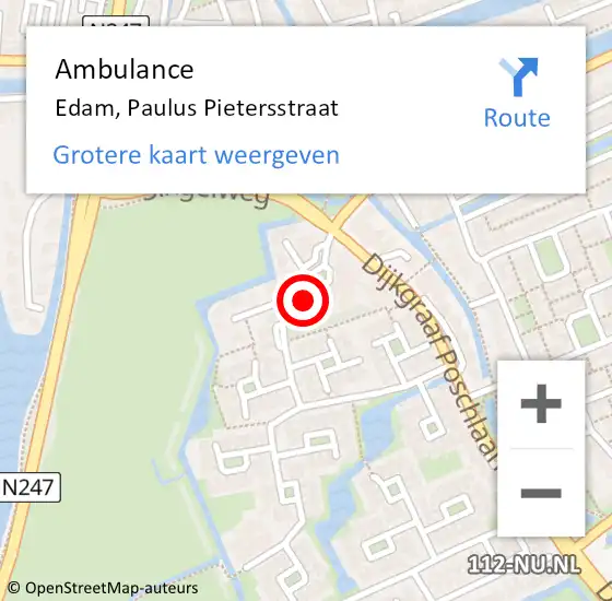 Locatie op kaart van de 112 melding: Ambulance Edam, Paulus Pietersstraat op 12 juli 2023 13:32