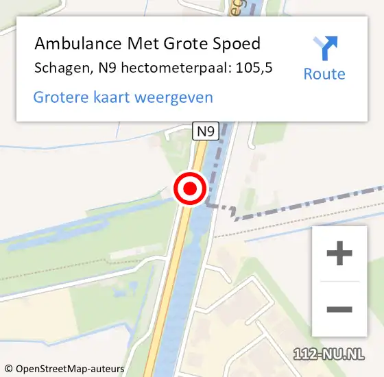 Locatie op kaart van de 112 melding: Ambulance Met Grote Spoed Naar Schagen, N9 hectometerpaal: 105,5 op 12 juli 2023 13:39