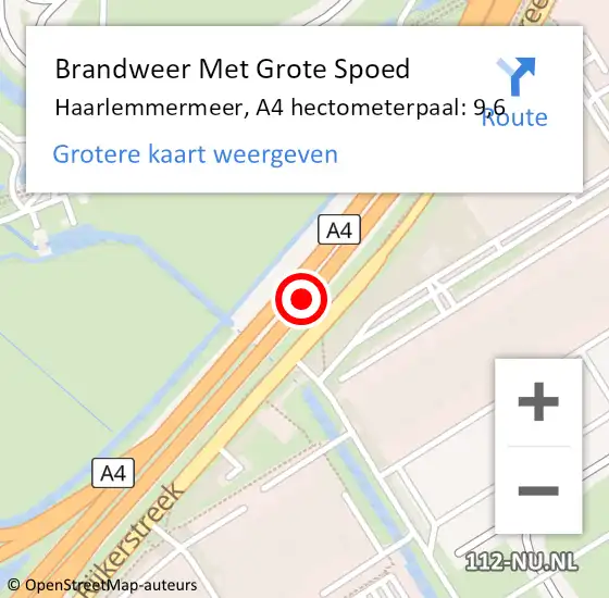 Locatie op kaart van de 112 melding: Brandweer Met Grote Spoed Naar Haarlemmermeer, A4 hectometerpaal: 9,6 op 12 juli 2023 13:57