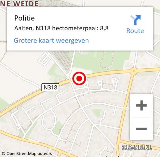 Locatie op kaart van de 112 melding: Politie Aalten, N318 hectometerpaal: 8,8 op 12 juli 2023 15:40