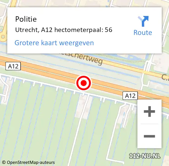 Locatie op kaart van de 112 melding: Politie Utrecht, A12 hectometerpaal: 56 op 12 juli 2023 15:43