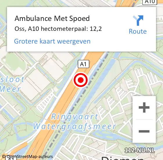 Locatie op kaart van de 112 melding: Ambulance Met Spoed Naar Oss, A10 hectometerpaal: 12,2 op 12 juli 2023 17:11