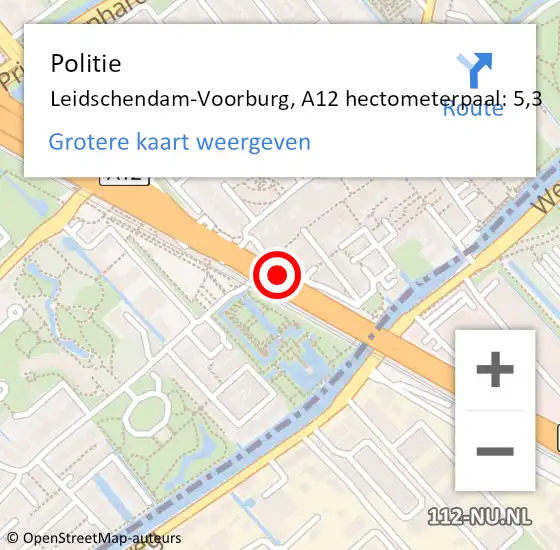 Locatie op kaart van de 112 melding: Politie Leidschendam-Voorburg, A12 hectometerpaal: 5,3 op 12 juli 2023 17:24