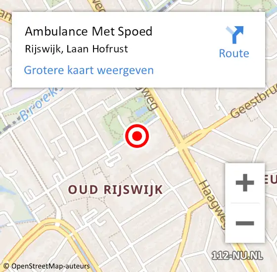 Locatie op kaart van de 112 melding: Ambulance Met Spoed Naar Rijswijk, Laan Hofrust op 12 juli 2023 17:31