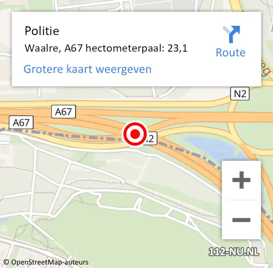 Locatie op kaart van de 112 melding: Politie Waalre, A67 hectometerpaal: 23,1 op 12 juli 2023 17:51