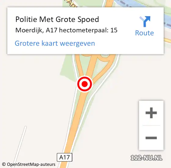 Locatie op kaart van de 112 melding: Politie Met Grote Spoed Naar Moerdijk, A17 hectometerpaal: 15 op 12 juli 2023 20:02