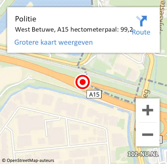 Locatie op kaart van de 112 melding: Politie West Betuwe, A15 hectometerpaal: 99,2 op 12 juli 2023 21:52