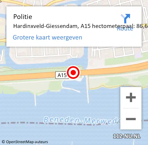 Locatie op kaart van de 112 melding: Politie Hardinxveld-Giessendam, A15 hectometerpaal: 86,6 op 13 juli 2023 02:58