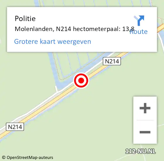 Locatie op kaart van de 112 melding: Politie Molenlanden, N214 hectometerpaal: 13,8 op 13 juli 2023 08:03