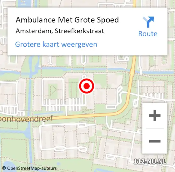 Locatie op kaart van de 112 melding: Ambulance Met Grote Spoed Naar Amsterdam, Streefkerkstraat op 13 juli 2023 08:52