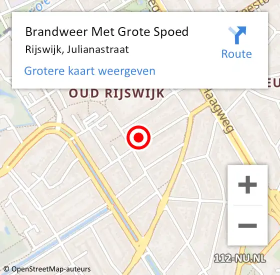 Locatie op kaart van de 112 melding: Brandweer Met Grote Spoed Naar Rijswijk, Julianastraat op 13 juli 2023 09:00