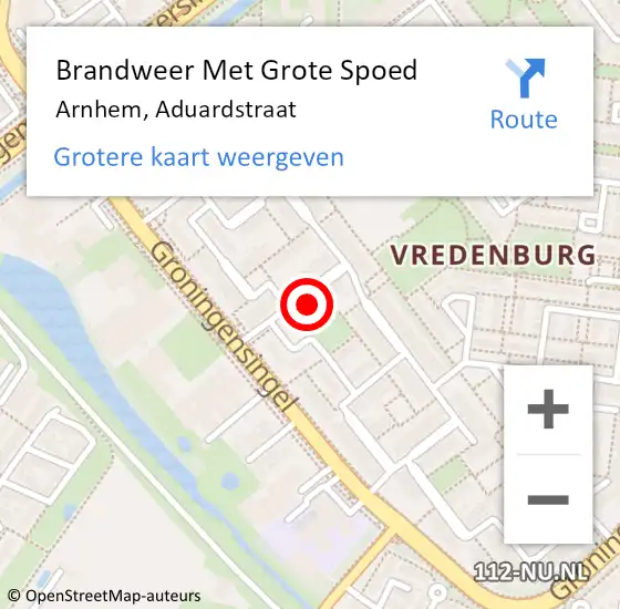 Locatie op kaart van de 112 melding: Brandweer Met Grote Spoed Naar Arnhem, Aduardstraat op 13 juli 2023 12:07