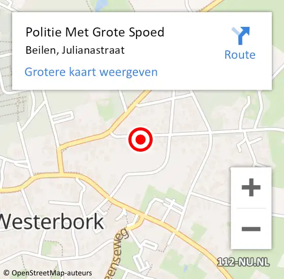 Locatie op kaart van de 112 melding: Politie Met Grote Spoed Naar Beilen, Julianastraat op 13 juli 2023 13:57