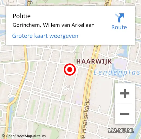 Locatie op kaart van de 112 melding: Politie Gorinchem, Willem van Arkellaan op 13 juli 2023 15:22