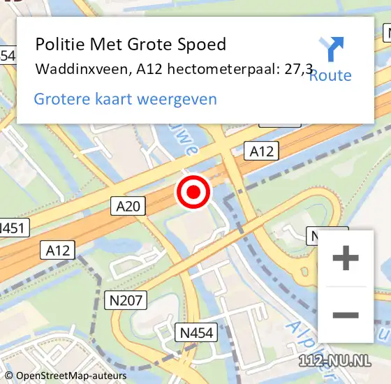 Locatie op kaart van de 112 melding: Politie Met Grote Spoed Naar Waddinxveen, A12 hectometerpaal: 27,3 op 13 juli 2023 15:38