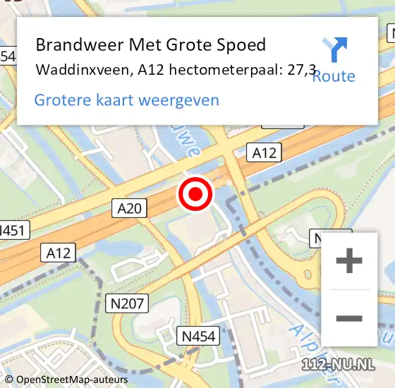 Locatie op kaart van de 112 melding: Brandweer Met Grote Spoed Naar Waddinxveen, A12 hectometerpaal: 27,3 op 13 juli 2023 15:40