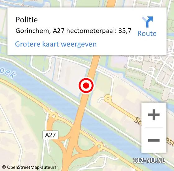 Locatie op kaart van de 112 melding: Politie Gorinchem, A27 hectometerpaal: 35,7 op 13 juli 2023 16:44