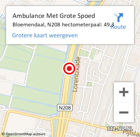 Locatie op kaart van de 112 melding: Ambulance Met Grote Spoed Naar Bloemendaal, N208 hectometerpaal: 49,3 op 13 juli 2023 17:42