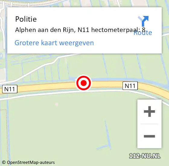 Locatie op kaart van de 112 melding: Politie Alphen aan den Rijn, N11 hectometerpaal: 8 op 13 juli 2023 18:35