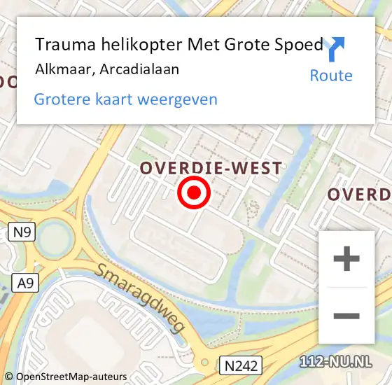 Locatie op kaart van de 112 melding: Trauma helikopter Met Grote Spoed Naar Alkmaar, Arcadialaan op 13 juli 2023 19:01