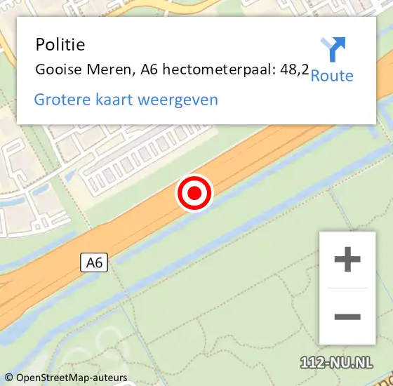 Locatie op kaart van de 112 melding: Politie Gooise Meren, A6 hectometerpaal: 48,2 op 13 juli 2023 19:52
