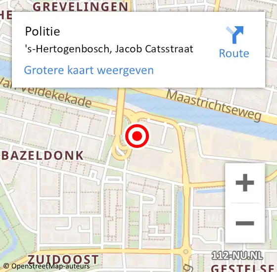 Locatie op kaart van de 112 melding: Politie 's-Hertogenbosch, Jacob Catsstraat op 13 juli 2023 22:50