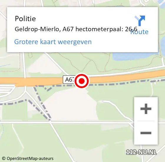 Locatie op kaart van de 112 melding: Politie Geldrop-Mierlo, A67 hectometerpaal: 26,6 op 13 juli 2023 23:40
