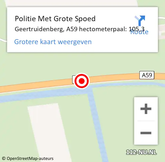 Locatie op kaart van de 112 melding: Politie Met Grote Spoed Naar Geertruidenberg, A59 hectometerpaal: 105,3 op 14 juli 2023 01:28