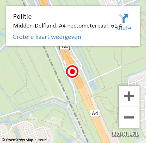 Locatie op kaart van de 112 melding: Politie Midden-Delfland, A4 hectometerpaal: 61,4 op 14 juli 2023 03:23