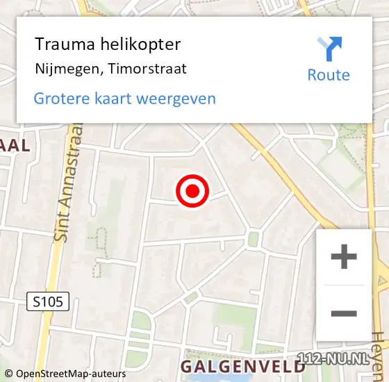 Locatie op kaart van de 112 melding: Trauma helikopter Nijmegen, Timorstraat op 14 juli 2023 05:38