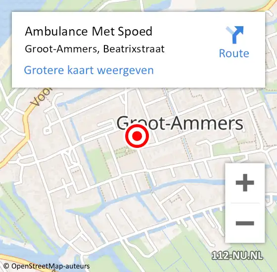 Locatie op kaart van de 112 melding: Ambulance Met Spoed Naar Groot-Ammers, Beatrixstraat op 14 juli 2023 08:54