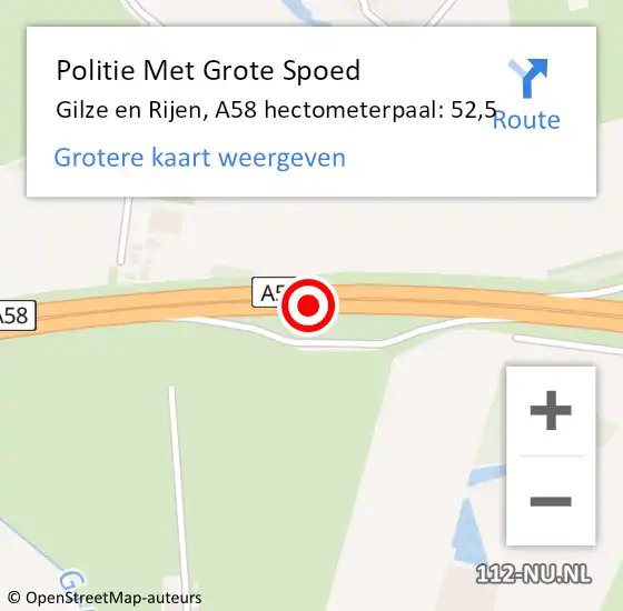 Locatie op kaart van de 112 melding: Politie Met Grote Spoed Naar Gilze en Rijen, A58 hectometerpaal: 52,5 op 14 juli 2023 09:51