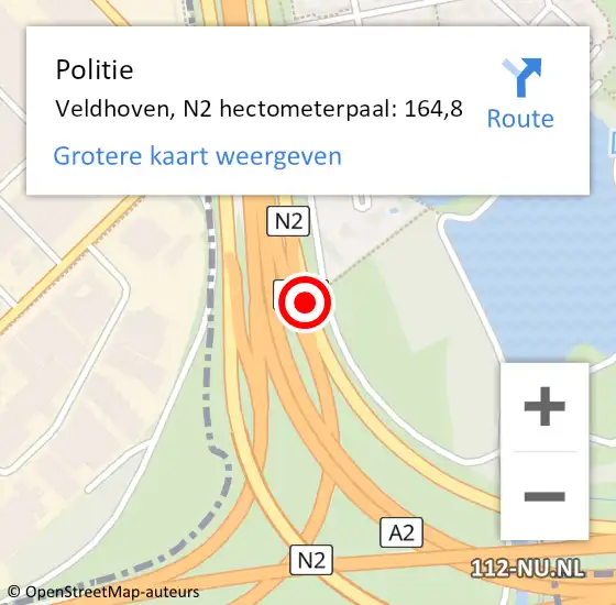 Locatie op kaart van de 112 melding: Politie Veldhoven, N2 hectometerpaal: 164,8 op 14 juli 2023 11:42