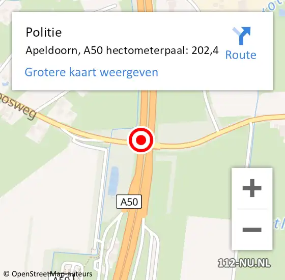 Locatie op kaart van de 112 melding: Politie Apeldoorn, A50 hectometerpaal: 202,4 op 14 juli 2023 12:12