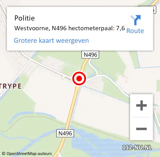 Locatie op kaart van de 112 melding: Politie Westvoorne, N496 hectometerpaal: 7,6 op 14 juli 2023 13:07