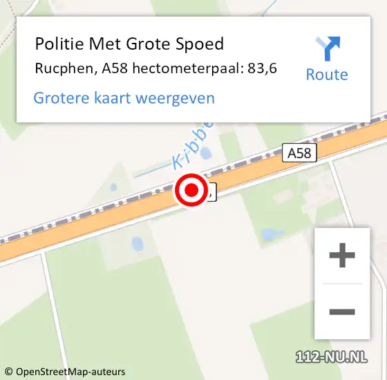 Locatie op kaart van de 112 melding: Politie Met Grote Spoed Naar Rucphen, A58 hectometerpaal: 83,6 op 14 juli 2023 13:14