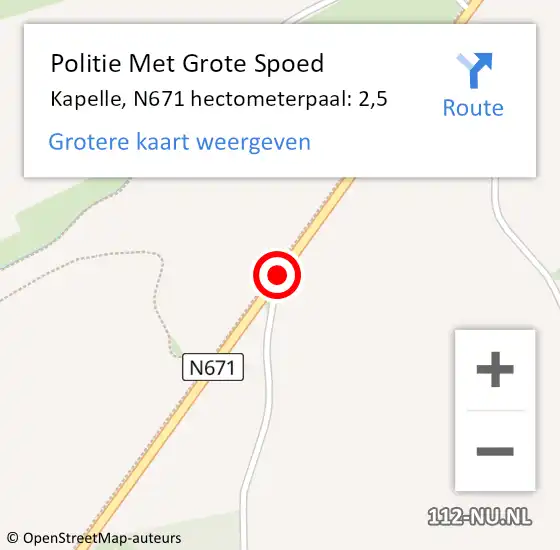Locatie op kaart van de 112 melding: Politie Met Grote Spoed Naar Kapelle, N671 hectometerpaal: 2,5 op 14 juli 2023 13:43