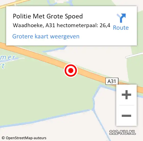 Locatie op kaart van de 112 melding: Politie Met Grote Spoed Naar Waadhoeke, A31 hectometerpaal: 26,4 op 14 juli 2023 14:26
