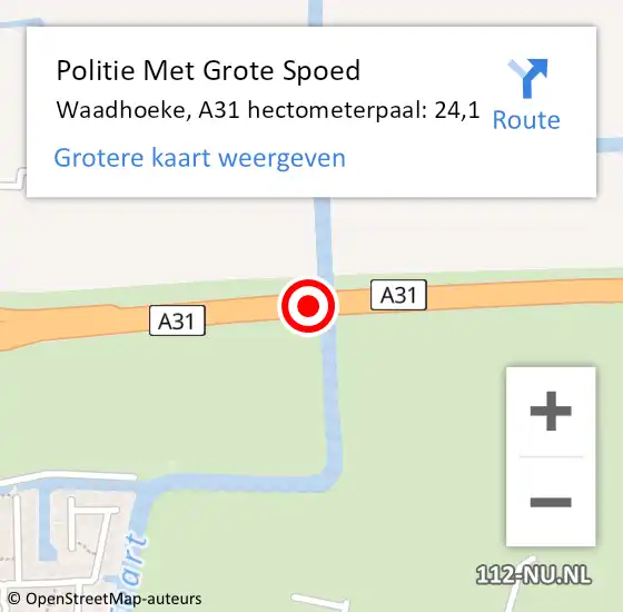 Locatie op kaart van de 112 melding: Politie Met Grote Spoed Naar Waadhoeke, A31 hectometerpaal: 24,1 op 14 juli 2023 14:27