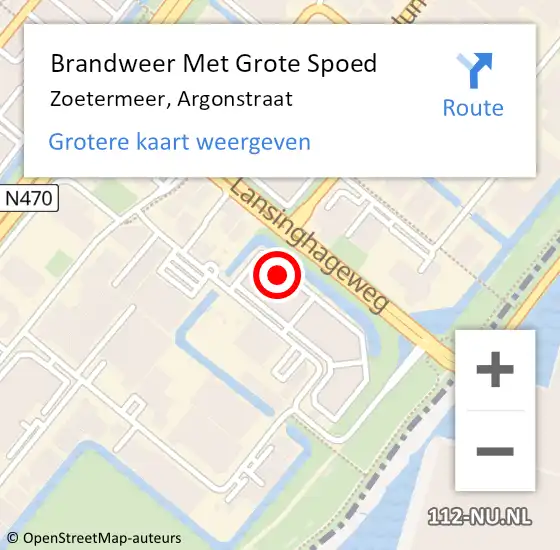 Locatie op kaart van de 112 melding: Brandweer Met Grote Spoed Naar Zoetermeer, Argonstraat op 14 juli 2023 14:46