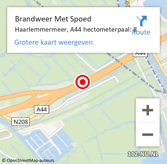 Locatie op kaart van de 112 melding: Brandweer Met Spoed Naar Haarlemmermeer, A44 hectometerpaal: 8 op 14 juli 2023 15:27