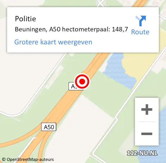Locatie op kaart van de 112 melding: Politie Beuningen, A50 hectometerpaal: 148,7 op 14 juli 2023 15:57
