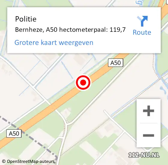 Locatie op kaart van de 112 melding: Politie Bernheze, A50 hectometerpaal: 119,7 op 14 juli 2023 16:16