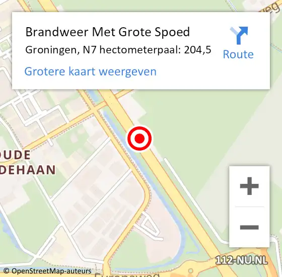Locatie op kaart van de 112 melding: Brandweer Met Grote Spoed Naar Groningen, N7 hectometerpaal: 204,5 op 14 juli 2023 16:24