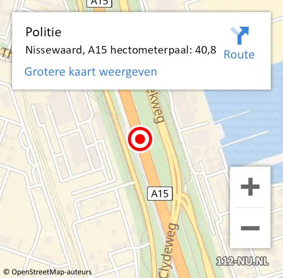 Locatie op kaart van de 112 melding: Politie Nissewaard, A15 hectometerpaal: 40,8 op 14 juli 2023 21:02