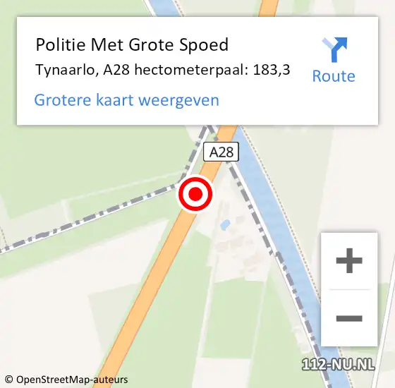 Locatie op kaart van de 112 melding: Politie Met Grote Spoed Naar Tynaarlo, A28 hectometerpaal: 183,3 op 14 juli 2023 21:57