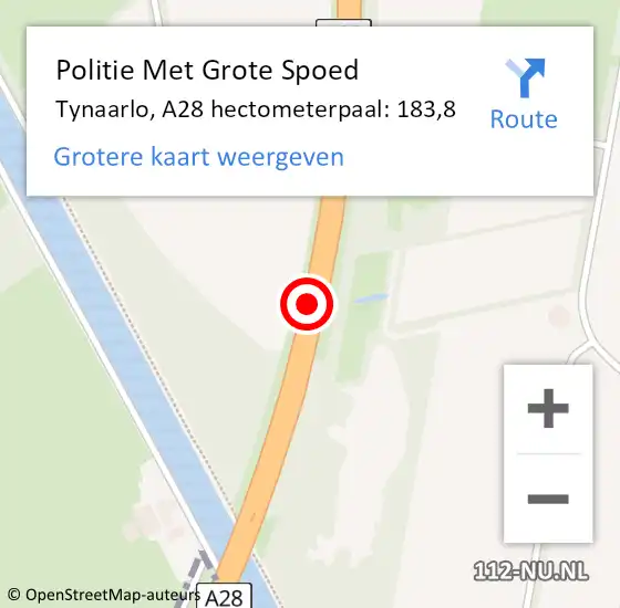 Locatie op kaart van de 112 melding: Politie Met Grote Spoed Naar Tynaarlo, A28 hectometerpaal: 183,8 op 14 juli 2023 21:58