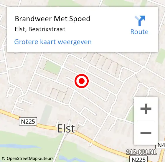 Locatie op kaart van de 112 melding: Brandweer Met Spoed Naar Elst, Beatrixstraat op 14 juli 2023 22:49