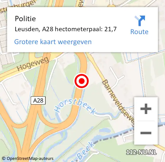 Locatie op kaart van de 112 melding: Politie Leusden, A28 hectometerpaal: 21,7 op 14 juli 2023 23:38