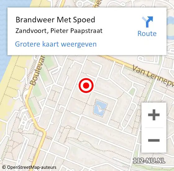 Locatie op kaart van de 112 melding: Brandweer Met Spoed Naar Zandvoort, Pieter Paapstraat op 15 juli 2023 00:32